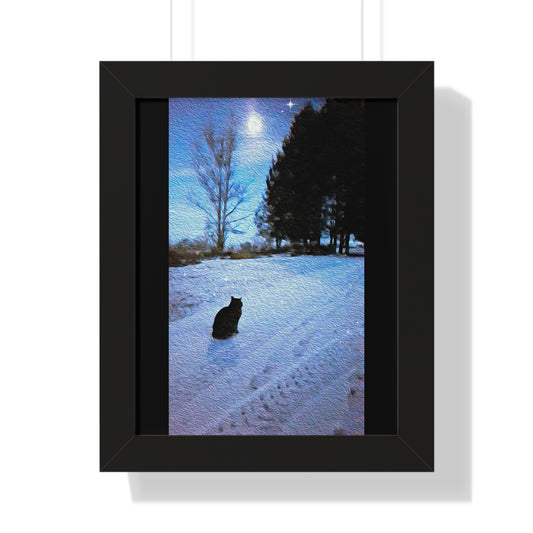 Under A Tabby Moon-Cat In Snow Framed Vertical Photo Art Print/Poster