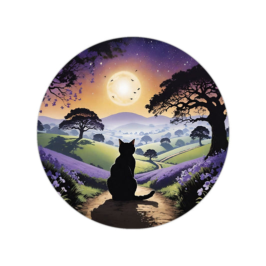 "I'll Wait For You" Cat Silhouette At Sunset With Lavender Transparent Outdoor Stickers, Round, 1pcs